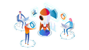 Illustration: 3 Menschen mit Laptops und Monito um eine Rakete