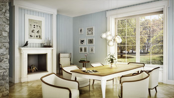 Farbbeispiel Argile: Wohnzimmer mit Kamin und Blick auf Garten