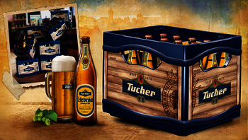 Tucher Bierkasten, Bierflasche und -krug