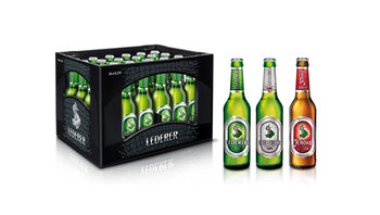 3 Bierflaschen und Bierkasten Lederer-Bräu