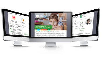 3 Monitore mit Ansichten Landingpage Spendenaquise Kinderschutz München