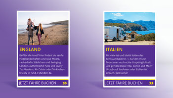 Kacheln mit Destinationsbeschreibung zu England und Italien