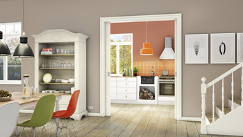 Farbbeispiel Argile: Esszimmer und Blick auf Küche