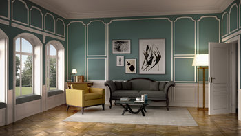 Farbbeispiel Argile: Wohnzimmer in dunklem Türkis