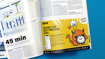 Zeitschrift mit Blink Anzeige Uhr fressendes Monster