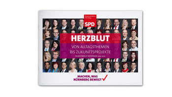 Broschürentitel mit der Line "Herzblug - von Alltagsthemen bis Zukunftsprojekten. Im Hintergrund sind alle SPD Franktionsmitglieder zu sehen.