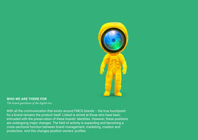 Linked, the brand guardening of the digital era. Beschreibung Purpose, grüner Hintergrund, illustriertes Männchen mit Kameralinsenauge