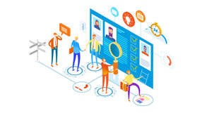 Illustration: im Böru mit Menschen vor einem großen Monitor