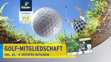 tchibo Golfmitgliedschaft. Teaser: jubelnder Golfer, aus dem Golfplatzloch heraus fotografiert