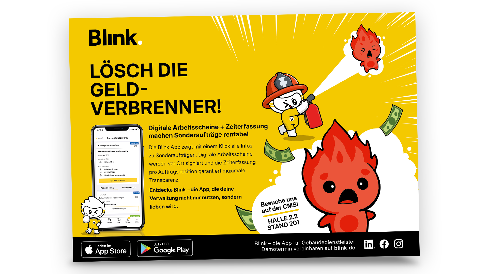 Blinky mit Feuerlöscher und Feuerflamme