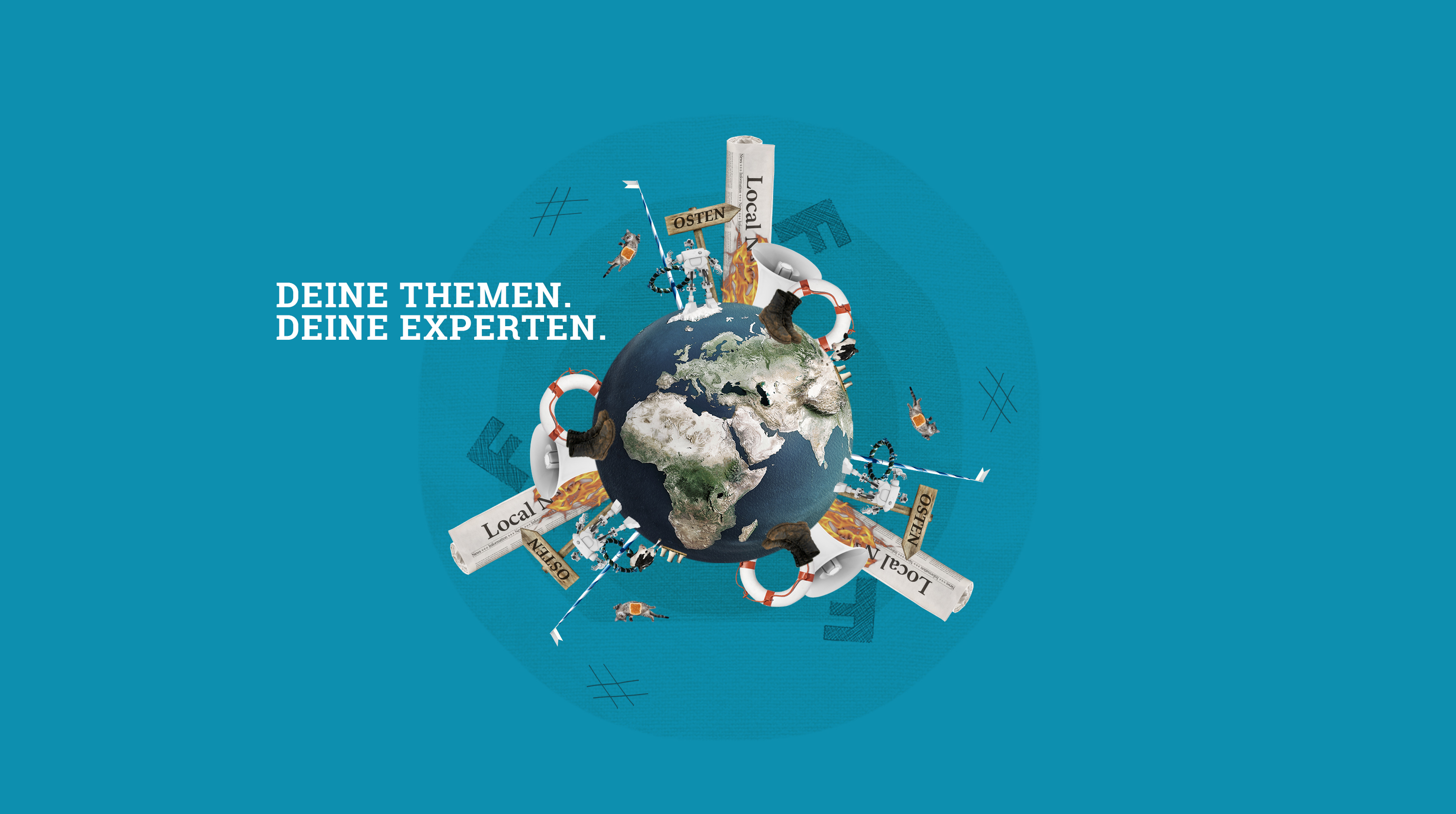 Illustration mit Globus und Tageszeitungen: Deine Themen. Deine Experten.