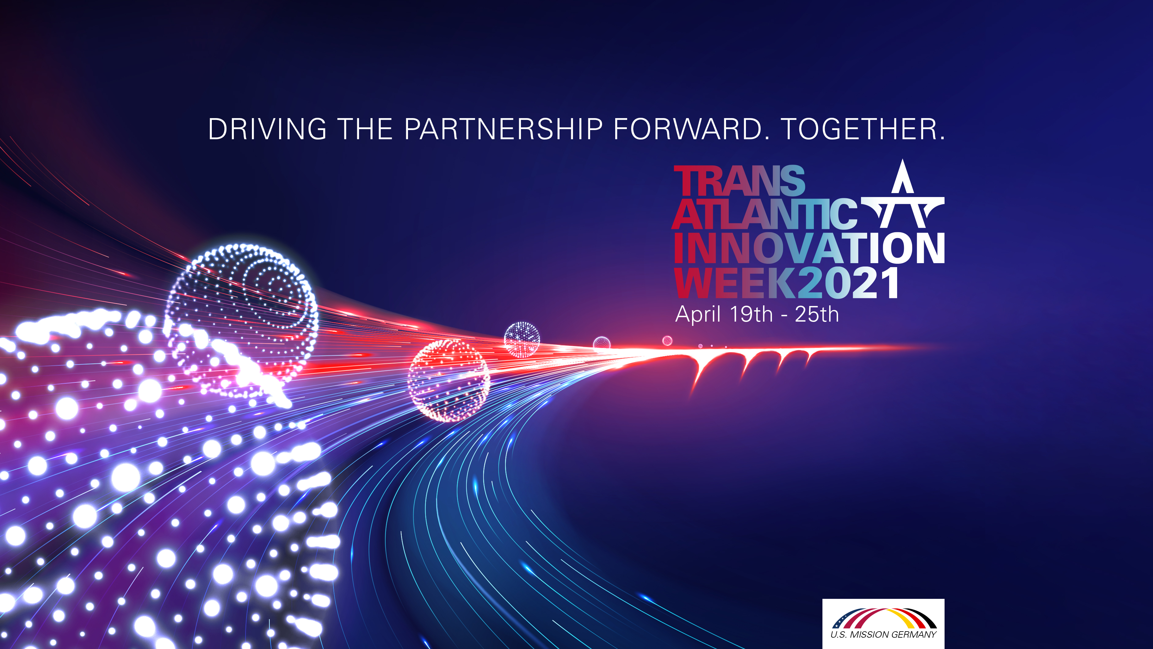 Innovation Week Key Visual - Dunkelblaues Univerum mit roten Lichtpfeilen und weiß-leuchtenden Raumkörpern