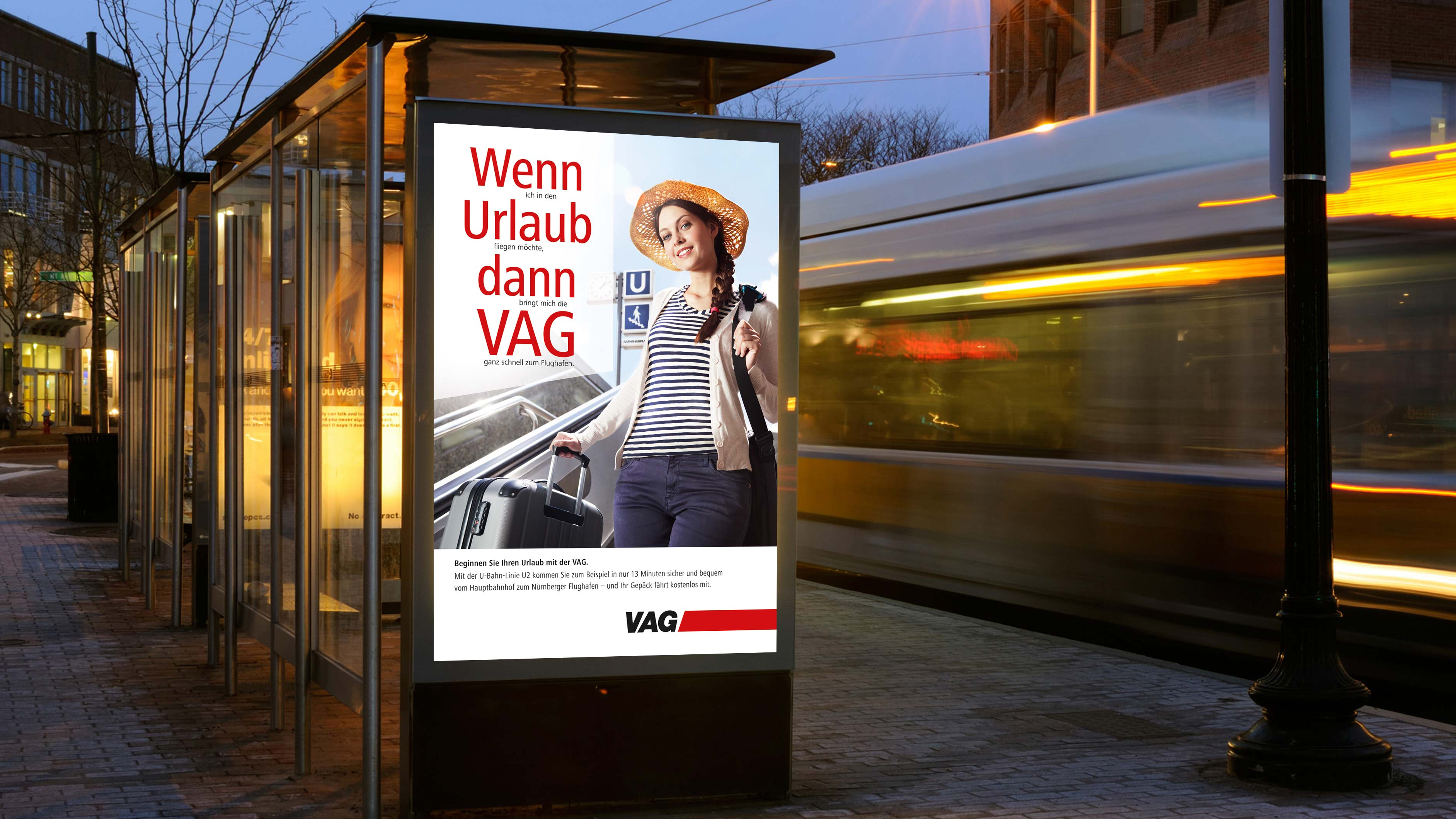 City Light Werbetafel mit der Aufschrift: Wenn Urlaub dann VAG