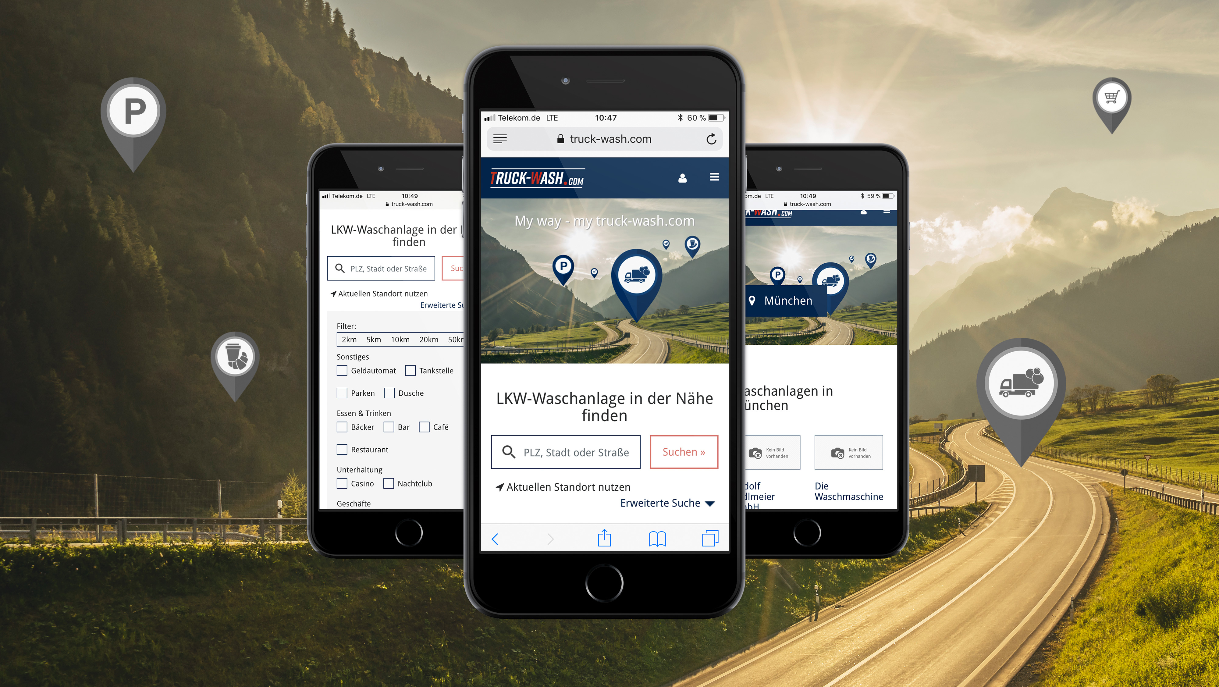 Web-App truck-wash.com: 3 Ansichten Smartphone
