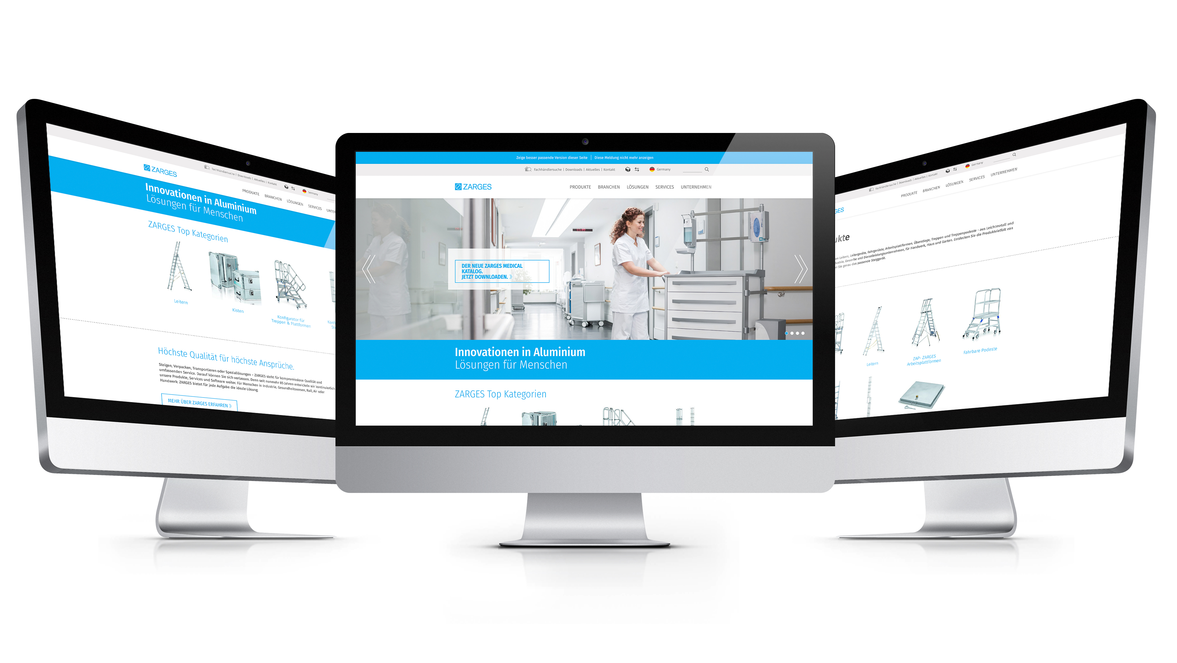 Ansichten der Zarges Website auf 3 Monitoren